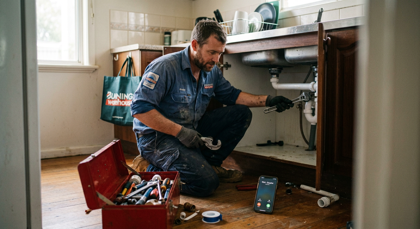 A plumber working under a kitchen sink beside a phone on the floor