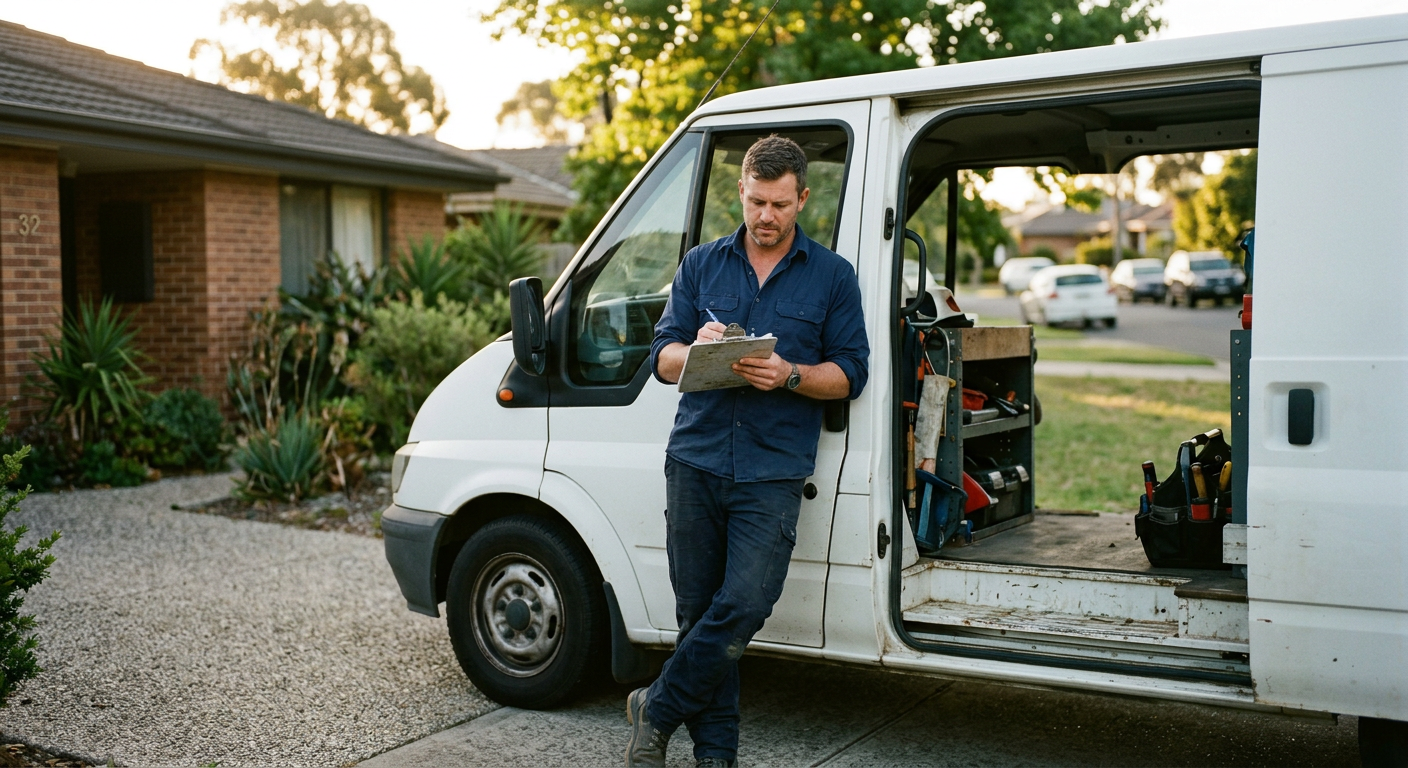 A plumber writing on a clipboard beside his van in a driveway