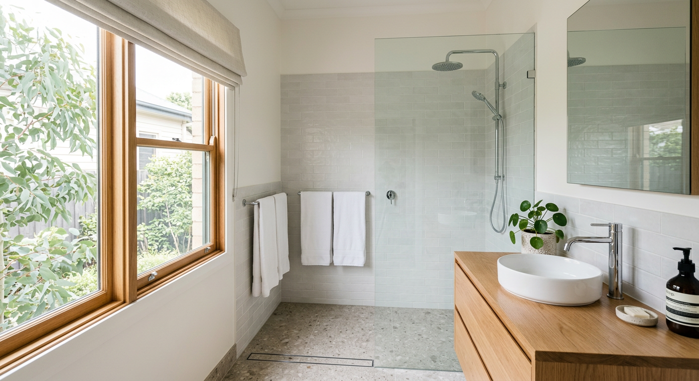 A freshly finished bathroom with new tiles and tapware