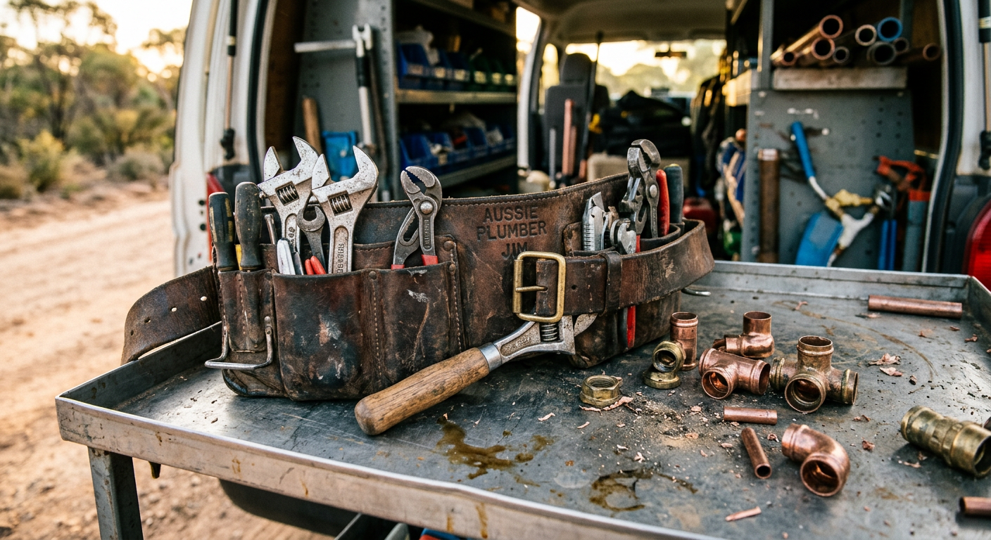 A plumber's tool belt and copper fittings laid out on the tray of a work van